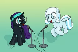 Size: 1950x1300 | Tagged: safe, artist:dahtamnay, derpibooru import, oc, oc:nyx, oc:snowdrop, unofficial characters only, alicorn, pony, alicorn oc, blank flank, duet, female, glasses, horn, lesbian, microphone, oc x oc, shipping, singing, snownyx, wings