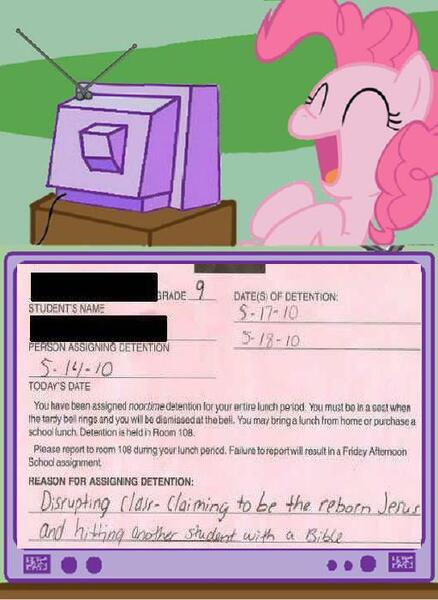 Size: 511x700 | Tagged: derpibooru import, exploitable meme, jesus christ, meme, obligatory pony, pinkie pie, safe, school, tv meme