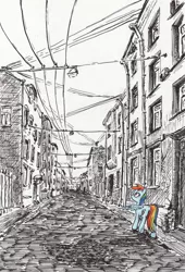 Size: 1604x2354 | Tagged: safe, artist:mcstalins, derpibooru import, rainbow dash, pegasus, pony, city, earth, partial color, pony on earth, scenery, solo, style emulation, traditional art