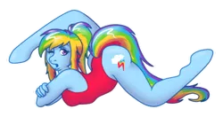Size: 500x263 | Tagged: active stretch, anthro, artist:anzicorn, backbend, clothes, contortionist, dead source, derpibooru import, flexible, leotard, one-piece swimsuit, rainbow dash, safe, simple background, solo, swimsuit, transparent background, unguligrade anthro, wingless, wingless anthro