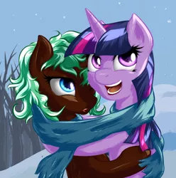 Size: 960x967 | Tagged: safe, artist:equie, derpibooru import, twilight sparkle, oc, oc:equie, canon x oc, clothes, female, hug, lesbian, scarf, shared clothing, shared scarf, shipping