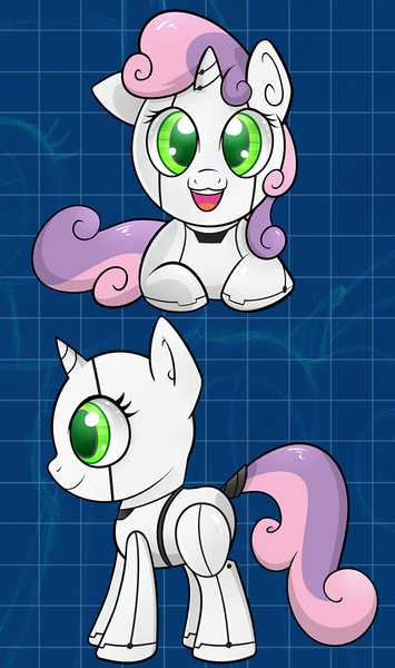 Size: 602x1018 | Tagged: safe, artist:rainbro-stache, derpibooru import, sweetie belle, pony, robot, robot pony, unicorn, blank flank, cute, diasweetes, female, filly, foal, hooves, horn, looking at you, lying down, open mouth, prone, solo, standing, sweetie bot, teeth