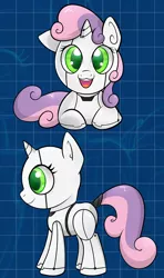 Size: 602x1018 | Tagged: safe, artist:rainbro-stache, derpibooru import, sweetie belle, pony, robot, robot pony, unicorn, blank flank, cute, diasweetes, female, filly, foal, hooves, horn, looking at you, lying down, open mouth, prone, solo, standing, sweetie bot, teeth