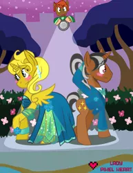 Size: 1280x1656 | Tagged: safe, artist:ladypixelheart, derpibooru import, oc, oc:color boom, oc:star sparkler, oc:ticket, unofficial characters only, alicorn, pony, alicorn oc, blushing, clothes, dancing, dress, female, horn, male, ponytail, shy, spotlight, straight, suit, ticketsparkler, wings