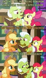 Size: 461x781 | Tagged: apple bloom, apple family reunion, applejack, book, caption, comic, derpibooru import, granny smith, image macro, pokémon, safe, text