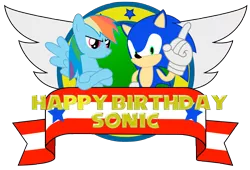 Size: 5018x3412 | Tagged: absurd resolution, artist:frankleonhart, crossover, derpibooru import, happy birthday, logo, rainbow dash, safe, simple background, sonic the hedgehog, sonic the hedgehog (series), transparent background, vector