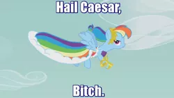 Size: 1280x720 | Tagged: caption, clothes, derpibooru import, dress, edit, edited screencap, flying, gala dress, image macro, julius caesar, rainbow dash, rome, safe, screencap, solo, suited for success, text, vulgar