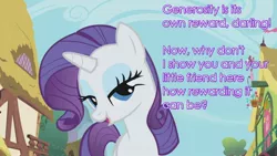 Size: 1280x720 | Tagged: bedroom eyes, derpibooru import, edit, edited screencap, generosity, imminent sex, innuendo, lidded eyes, rarity, screencap, sexy, solo, stupid sexy rarity, suggestive, text, the ticket master