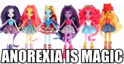 Size: 640x332 | Tagged: safe, derpibooru import, applejack, fluttershy, pinkie pie, rainbow dash, rarity, twilight sparkle, equestria girls, anorexic, caption, doll, doll drama, eating disorder, equestria girls drama, equestria girls prototype, image macro, text, toy