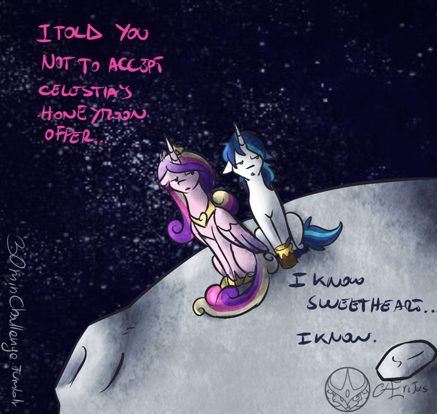 Size: 1000x948 | Tagged: 30 minute art challenge, artist:aeritus, derpibooru import, food, honey, honeymoon, literal, moon, princess cadance, princess celestia, pun, safe, shining armor, space, trollestia, visual pun