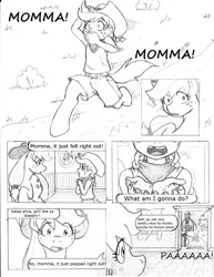 Size: 1155x1500 | Tagged: applejack, artist:dj-black-n-white, comic, cute, derpibooru import, female, frown, hybrid, mother, mother and child, mother and daughter, oc, oc:anon, oc:cinnamon cider, offspring, open mouth, parent:applejack, raised hoof, running, sad, safe, satyr, wide eyes, worried