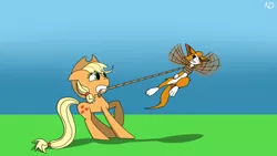 Size: 1024x576 | Tagged: applejack, artist:kev-darkhood, crossover, derpibooru import, dust: an elysian tail, fidget (character), lasso, rope, safe