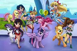 Size: 1024x683 | Tagged: safe, artist:adyon, derpibooru import, applejack, fluttershy, pinkie pie, rainbow dash, rarity, twilight sparkle, twilight sparkle (alicorn), alicorn, pony, crossover, female, mane six, mare, sailor jupiter, sailor mars, sailor mercury, sailor moon, sailor venus