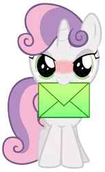 Size: 1600x2617 | Tagged: safe, artist:purezparity, derpibooru import, sweetie belle, pony, unicorn, blushing, crush, female, filly, letter, mouth hold, simple background, solo, transparent background, vector