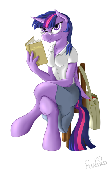 Size: 1600x2535 | Tagged: alicorn, anthro, artist:rulsis, book, clothes, derpibooru import, glasses, safe, skirt, solo, twilight sparkle, twilight sparkle (alicorn)