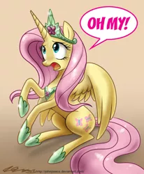 Size: 900x1091 | Tagged: safe, artist:johnjoseco, derpibooru import, fluttershy, alicorn, pony, ask gaming princess luna, alicornified, crown, dialogue, female, fluttercorn, hoof shoes, jewelry, mare, oh my, open mouth, peytral, race swap, regalia, solo, speech bubble, surprised, sweat