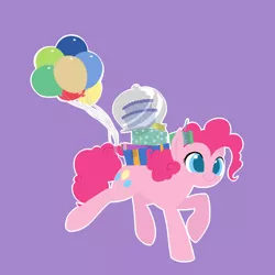 Size: 1800x1800 | Tagged: safe, artist:valcron, derpibooru import, pinkie pie, earth pony, pony, balloon, cake, carrying, cutie mark, female, food, hooves, lineless, mare, party, present, smiling, solo