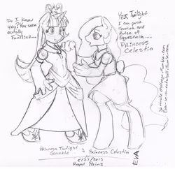 Size: 623x602 | Tagged: semi-grimdark, artist:evangle, derpibooru import, princess celestia, twilight sparkle, twilight sparkle (alicorn), alicorn, anthro, earth pony, crying, monochrome, race swap, traditional art