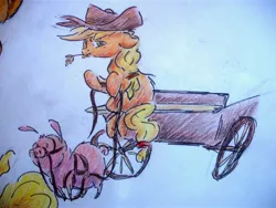 Size: 3264x2448 | Tagged: applejack, artist:394vikingpinkiepie, cart, derpibooru import, pig, safe, solo, traditional art