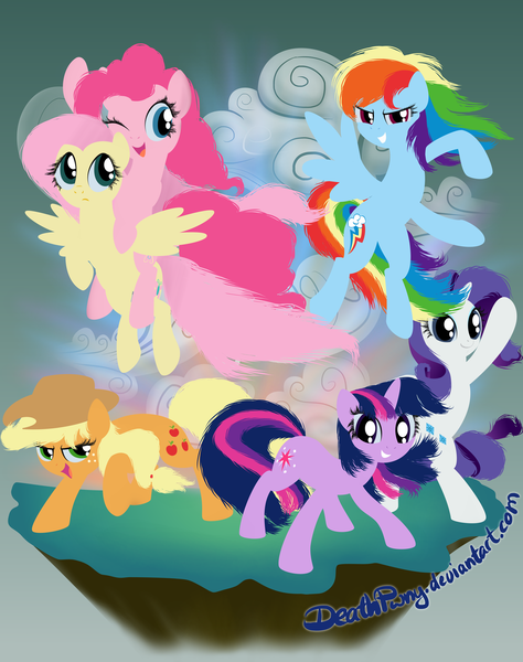 Size: 1579x2000 | Tagged: safe, artist:deathpwny, derpibooru import, applejack, fluttershy, pinkie pie, rainbow dash, rarity, twilight sparkle, pony, unicorn, mane six, ponies riding ponies, riding, unicorn twilight