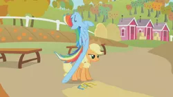 Size: 1280x720 | Tagged: applejack, derpibooru import, fall weather friends, fence, great moments in animation, horseshoes, rainbow dash, safe, screencap, smear frame, wat