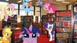 Size: 1920x1080 | Tagged: safe, artist:mr-kennedy92, derpibooru import, applejack, fluttershy, pinkie pie, rainbow dash, rarity, twilight sparkle, pony, flugelhorn, glasses, irl, library, mane six, photo, ponies in real life, sparkles, vector