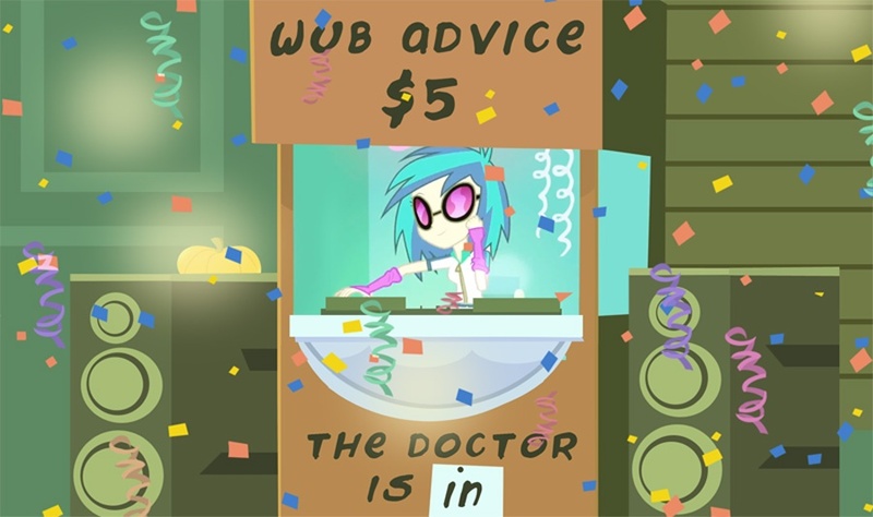 Size: 900x533 | Tagged: safe, artist:pixelkitties, derpibooru import, edit, edited screencap, screencap, vinyl scratch, equestria girls, equestria girls (movie), booth, confetti, lucy's advice booth, parody, peanuts, speakers, wub