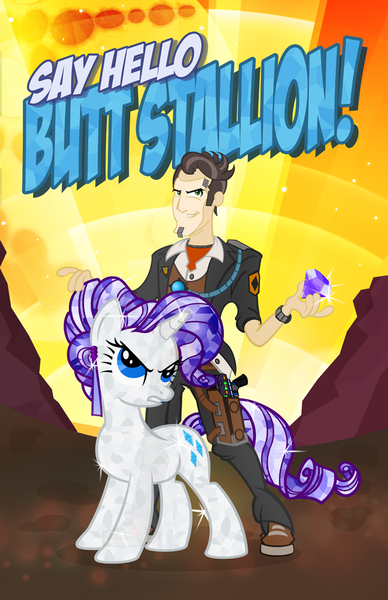 Size: 647x1000 | Tagged: safe, artist:pixelkitties, derpibooru import, rarity, crystal pony, pony, unicorn, borderlands, borderlands 2, butt stallion, crossover, crystallized, handsome jack