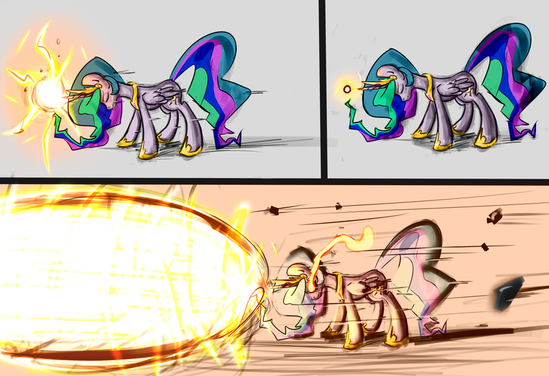 Size: 3300x2259 | Tagged: artist:leadhooves, artist:rex42, blast, comic, derpibooru import, glowing eyes, hyper beam, magic, magic blast, magic overload, princess celestia, recolor, safe, solo