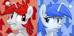 Size: 1012x492 | Tagged: safe, artist:kenket, artist:spainfischer, derpibooru import, oc, oc:discentia, oc:karma, unofficial characters only, pony, bust, downvote, duo, frown, grin, lidded eyes, looking at each other, looking back, portrait, reddit, smiling, traditional art, upvote