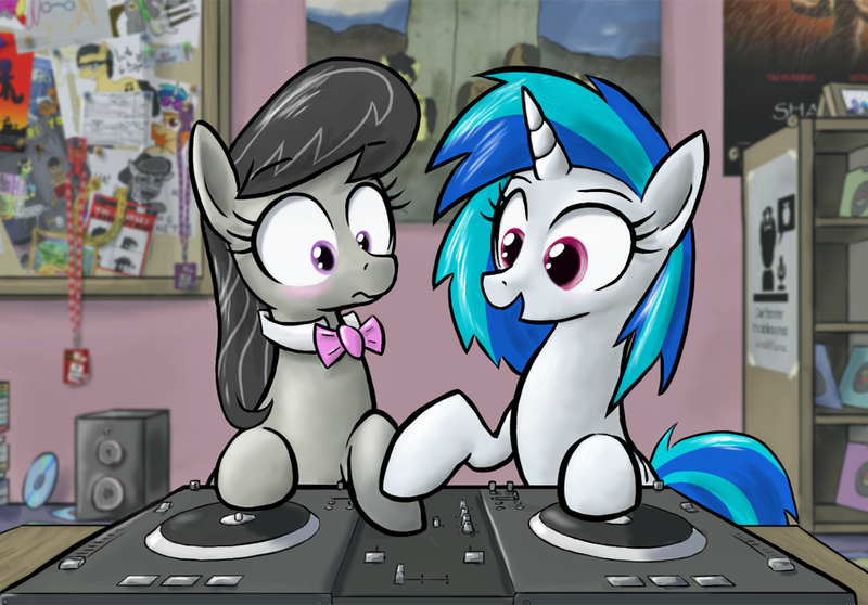 Size: 1145x798 | Tagged: safe, artist:paper-pony, derpibooru import, octavia melody, vinyl scratch, blushing, female, interior, lesbian, scratchtavia, shipping, turntable