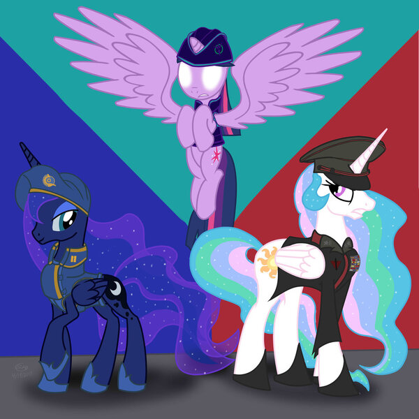 Size: 1024x1024 | Tagged: safe, artist:spazzymcnugget, derpibooru import, princess celestia, princess luna, twilight sparkle, twilight sparkle (alicorn), alicorn, pony, female, mare, ncbait, new conglomerate, planetside, terran republic, trbait, vanu sovereignty, vsbait