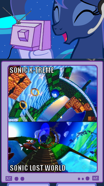 Size: 562x1002 | Tagged: safe, derpibooru import, princess luna, gamer luna, comparison, crossover, exploitable meme, image, meme, obligatory pony, png, sonic extreme, sonic lost world, sonic the hedgehog, sonic the hedgehog (series), sonic x-treme, sonic xtreme, tv meme, wii u