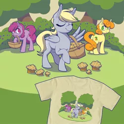 Size: 894x894 | Tagged: safe, artist:anders-art, derpibooru import, berry punch, berryshine, carrot top, derpy hooves, golden harvest, pegasus, pony, basket, clothes, female, food, mare, mouth hold, muffin, shirt, t-shirt
