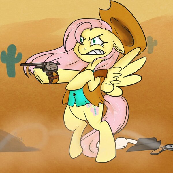 Size: 894x894 | Tagged: safe, artist:arnachy, derpibooru import, fluttershy, pony, bipedal, clothes, cowboy hat, cowgirl, gun, handgun, hat, pistol, revolver, solo, vest, weapon, western