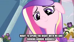 Size: 598x342 | Tagged: safe, derpibooru import, edit, edited screencap, screencap, princess cadance, queen chrysalis, shining armor, pony, a canterlot wedding, bedroom eyes, bronybait, caption, fake cadance, female, image macro, implied group sex, implied sex, implied threesome, mare, solo, text