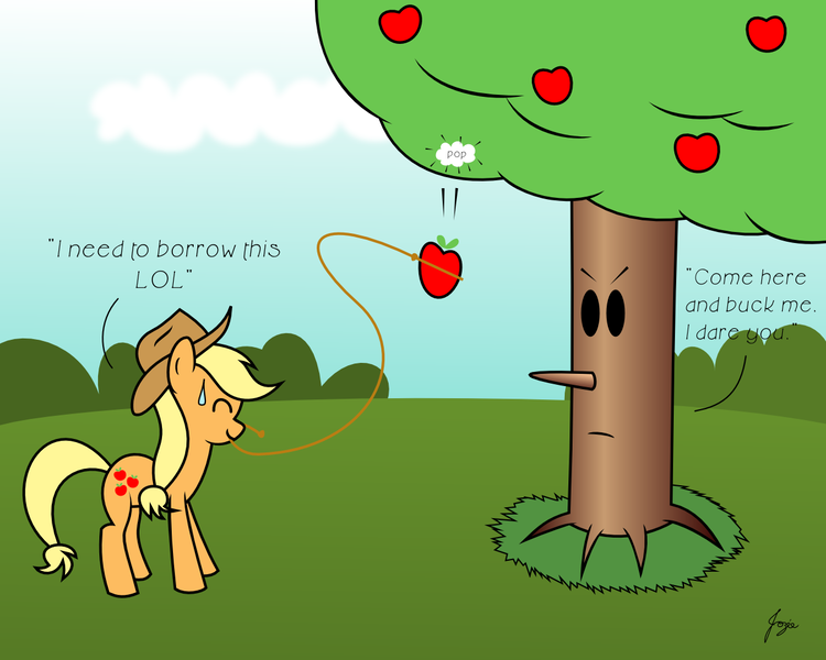 Size: 1280x1024 | Tagged: safe, artist:jozeeworm, derpibooru import, applejack, apple, apple tree, crossover, food, kirby, nintendo, rope, tree, whispy woods