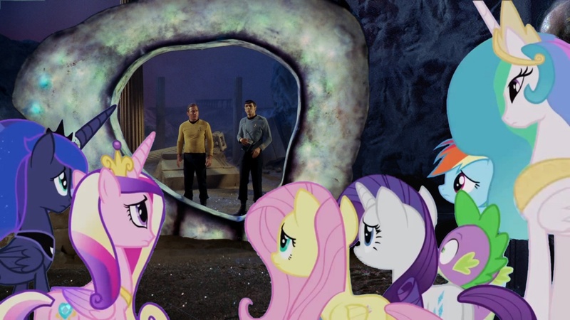 Size: 1440x810 | Tagged: safe, derpibooru import, edit, edited screencap, screencap, fluttershy, princess cadance, princess celestia, princess luna, rainbow dash, rarity, spike, equestria girls, equestria girls (movie), exploitable meme, guardian of forever, james t kirk, meme, portal meme, spock, star trek, vulcan