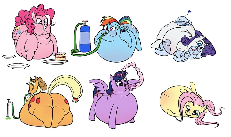 Size: 1280x760 | Tagged: questionable, artist:calorie, derpibooru import, applejack, fluttershy, pinkie pie, rainbow dash, rarity, twilight sparkle, twilight sparkle (alicorn), alicorn, pony, air inflation, applebucking thighs, applebutt, belly, big belly, butt, cake, colored, expansion, fat, fattershy, female, food, hose, huge belly, immobile, impossibly large belly, inflation, magic inflation, mane six, mare, morbidly obese, obese, piggy pie, plot, pregnant, pudgy pie, slime inflation, stuffing, the ass was fat, thighs, thunder thighs, water inflation, weight gain, wide hips