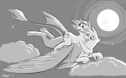 Size: 1280x799 | Tagged: safe, artist:ribnose, derpibooru import, gilda, oc, oc:trance sequence, earth pony, gryphon, pony, cloud, duo, flying, full moon, grayscale, happy, looking back, male, monochrome, moon, night, ponies riding griffons, riding, signature, sky, smiling, spread wings, stallion, starry night, stars, wings