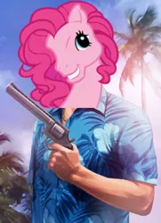 Size: 900x1242 | Tagged: artist:patrickbrown, derpibooru import, edit, grand theft auto, gta vice city, pinkie pie, safe, tommy vercetti, vice city