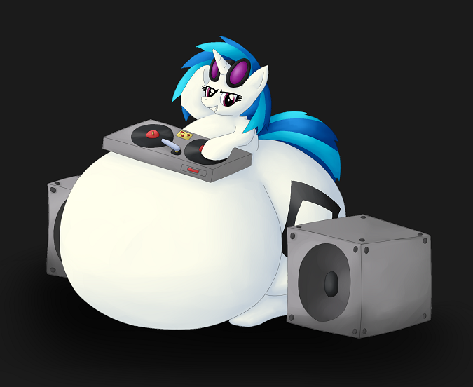 Size: 675x552 | Tagged: artist needed, belly, big belly, butt, derpibooru import, fat, huge belly, huge butt, impossibly large belly, impossibly large butt, large butt, morbidly obese, obese, questionable, solo, speaker, turntable, vinyl fat, vinyl scratch, wub, wub-tub