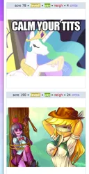 Size: 282x549 | Tagged: suggestive, derpibooru import, applejack, princess celestia, twilight sparkle, derpibooru, equestria girls, breasts, busty applejack, calm your tits, exploitable meme, female, juxtaposition, juxtaposition win, lesbian, meme, meta, shipping, twijack