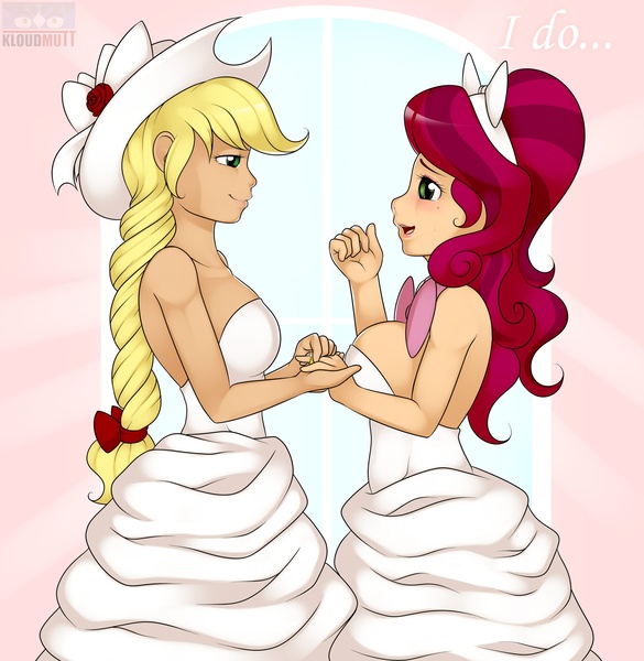 Size: 2496x2560 | Tagged: applejack, artist:kloudmutt, breasts, bride, busty applejack, busty cherry jubilee, cherryjack, cherry jubilee, clothes, crying, dead source, derpibooru import, dress, female, human, humanized, lesbian, marriage, safe, shipping, tears of joy, wedding, wedding dress