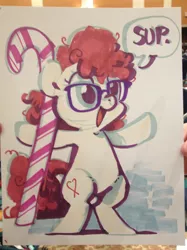 Size: 1280x1707 | Tagged: safe, artist:mittymandi, derpibooru import, twist, pony, bipedal, candy, candy cane, food, glasses, solo, speech bubble, sup, traditional art