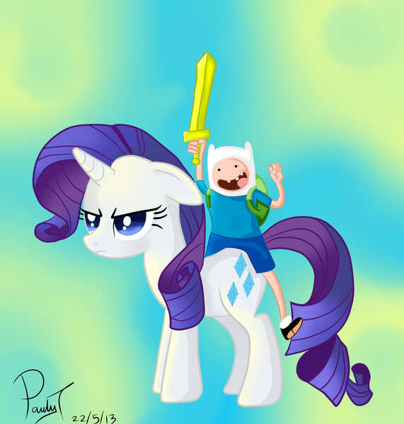 Size: 2000x2100 | Tagged: adventure time, artist:paulyt7, crossover, derpibooru import, finn the human, rarity, riding, safe, sword, weapon