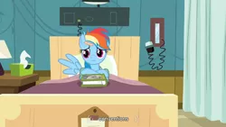 Size: 854x480 | Tagged: bandage, bandaid, bed, book, caption, convention, derpibooru import, edit, edited screencap, hospital, meme, rainbow dash, read it and weep, safe, screencap, solo, youtube caption