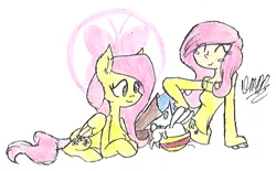 Size: 571x355 | Tagged: dead source, safe, artist:desibear1999, derpibooru import, angel bunny, fluttershy, human, pony, clothes, human ponidox, humanized, off shoulder, self ponidox, sweater, sweatershy, traditional art