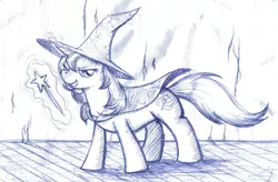 Size: 1540x1012 | Tagged: safe, artist:foxbeast, derpibooru import, trixie, pony, unicorn, female, hat, magic, mare, monochrome, solo, traditional art, wand