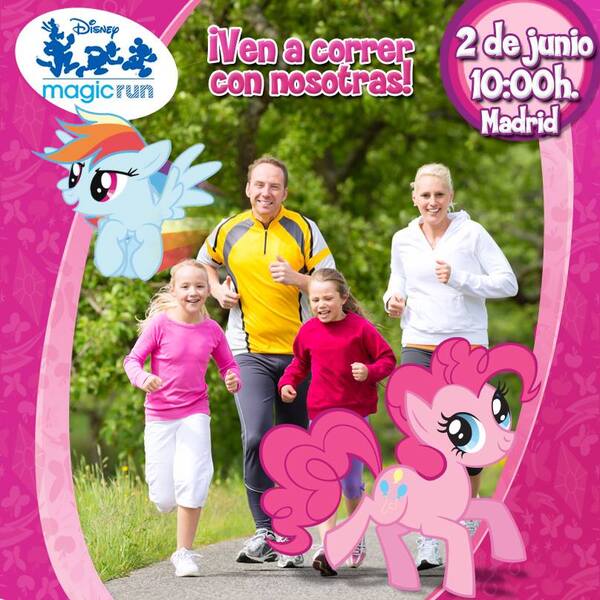 Size: 808x808 | Tagged: child, derpibooru import, disney, donald duck, goofy, human, mickey mouse, official, pinkie pie, rainbow dash, running, safe, spain, spanish